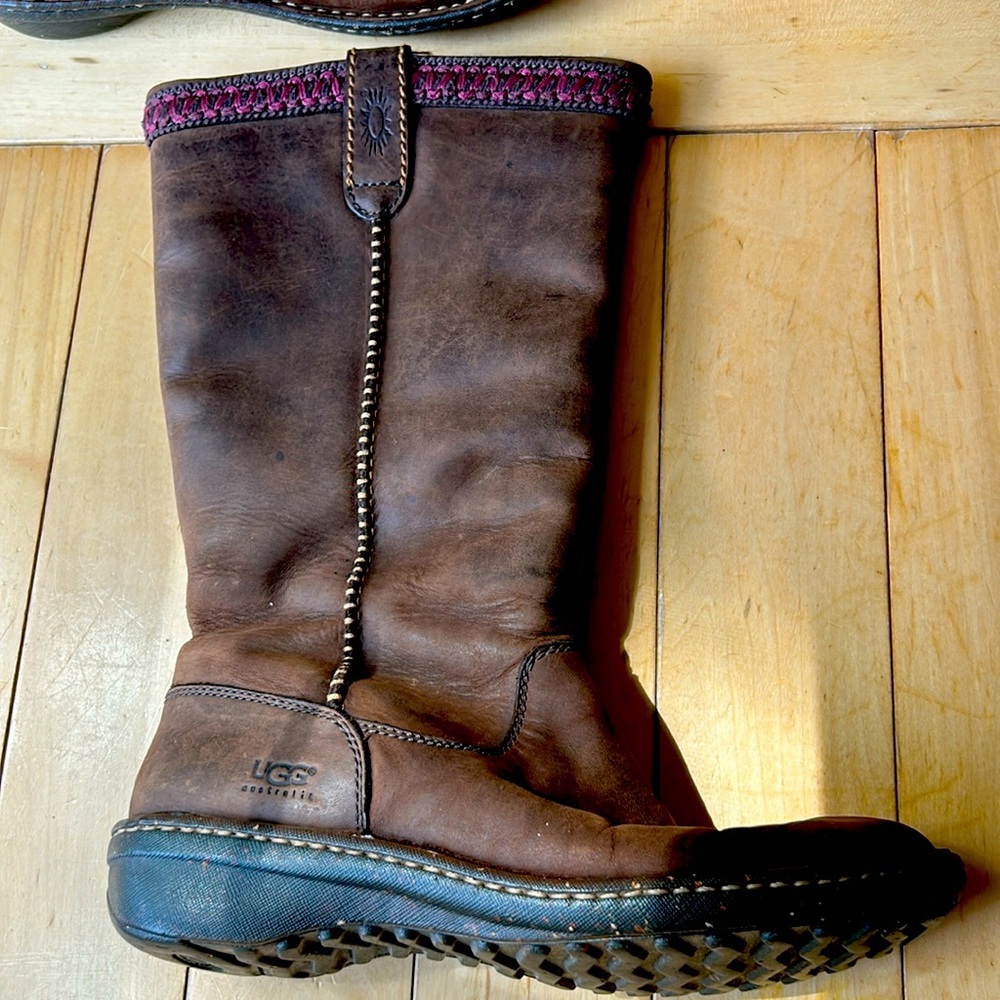 UGG Leather Boots Swell Mid Tall Sheepskin Winter Shearling 5139 Brown Womens 10